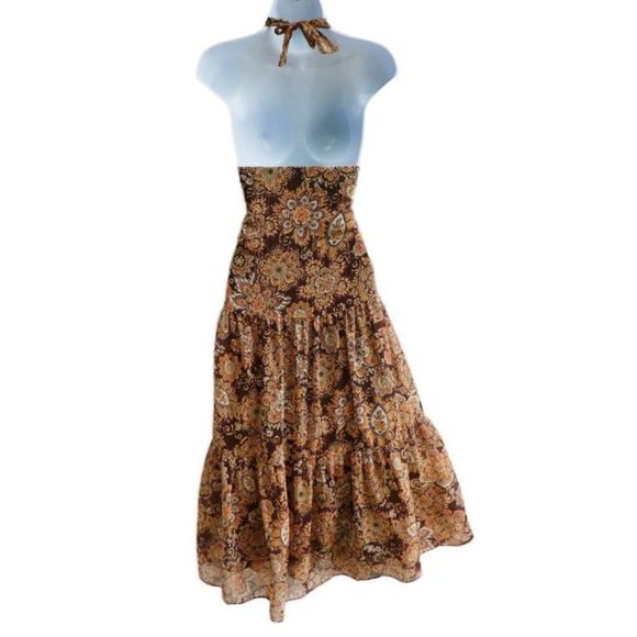 Vintage Boho Maxi Dress Floral Gold Lurex Metallic Halter Tie Side Zipper 14 - Picture 2 of 9